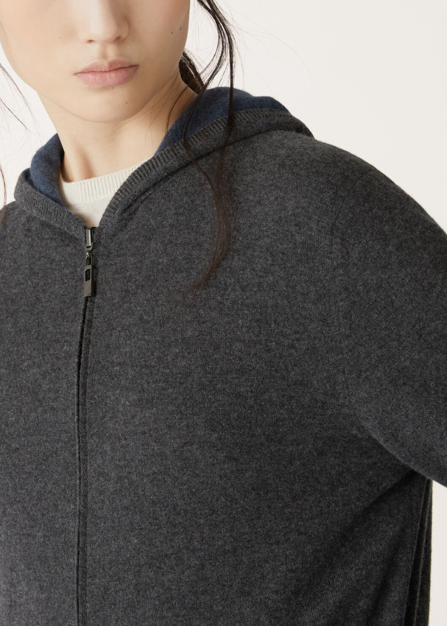 duo cashmere melange tealcharcoal melange hooded bomber sweater