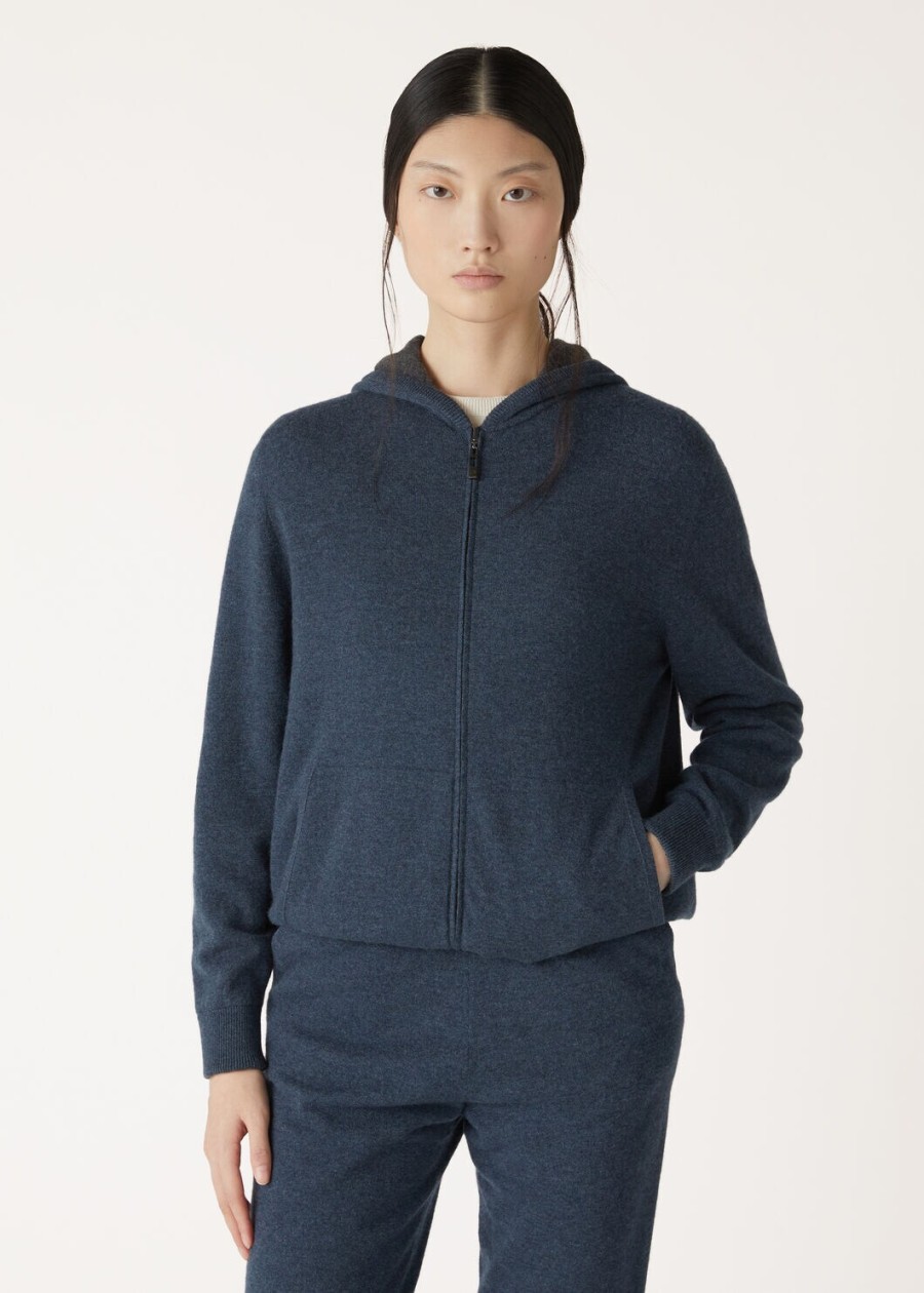 duo cashmere melange tealcharcoal melange hooded bomber sweater
