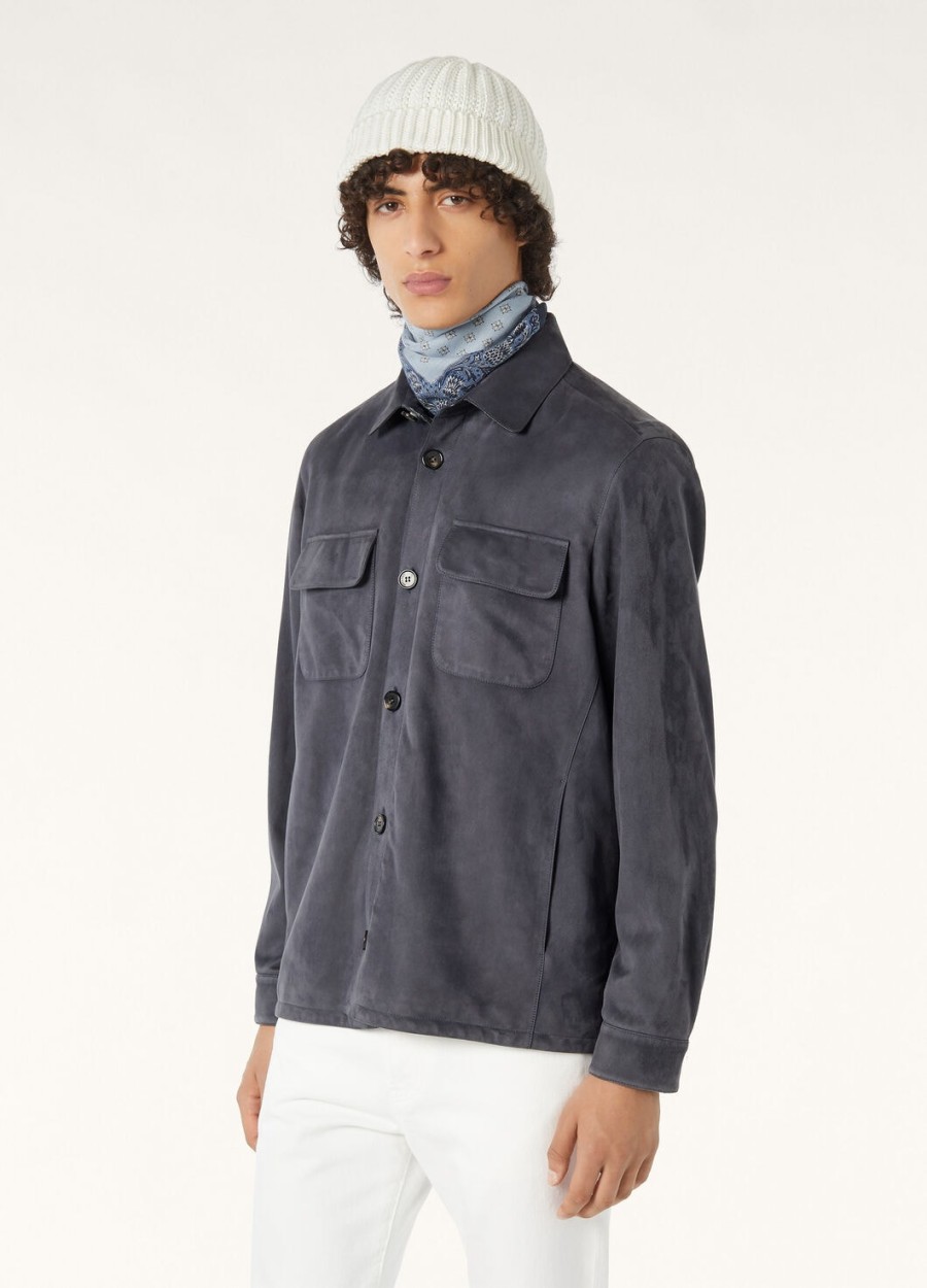 loro piana geitenleren overshirt marineblauw