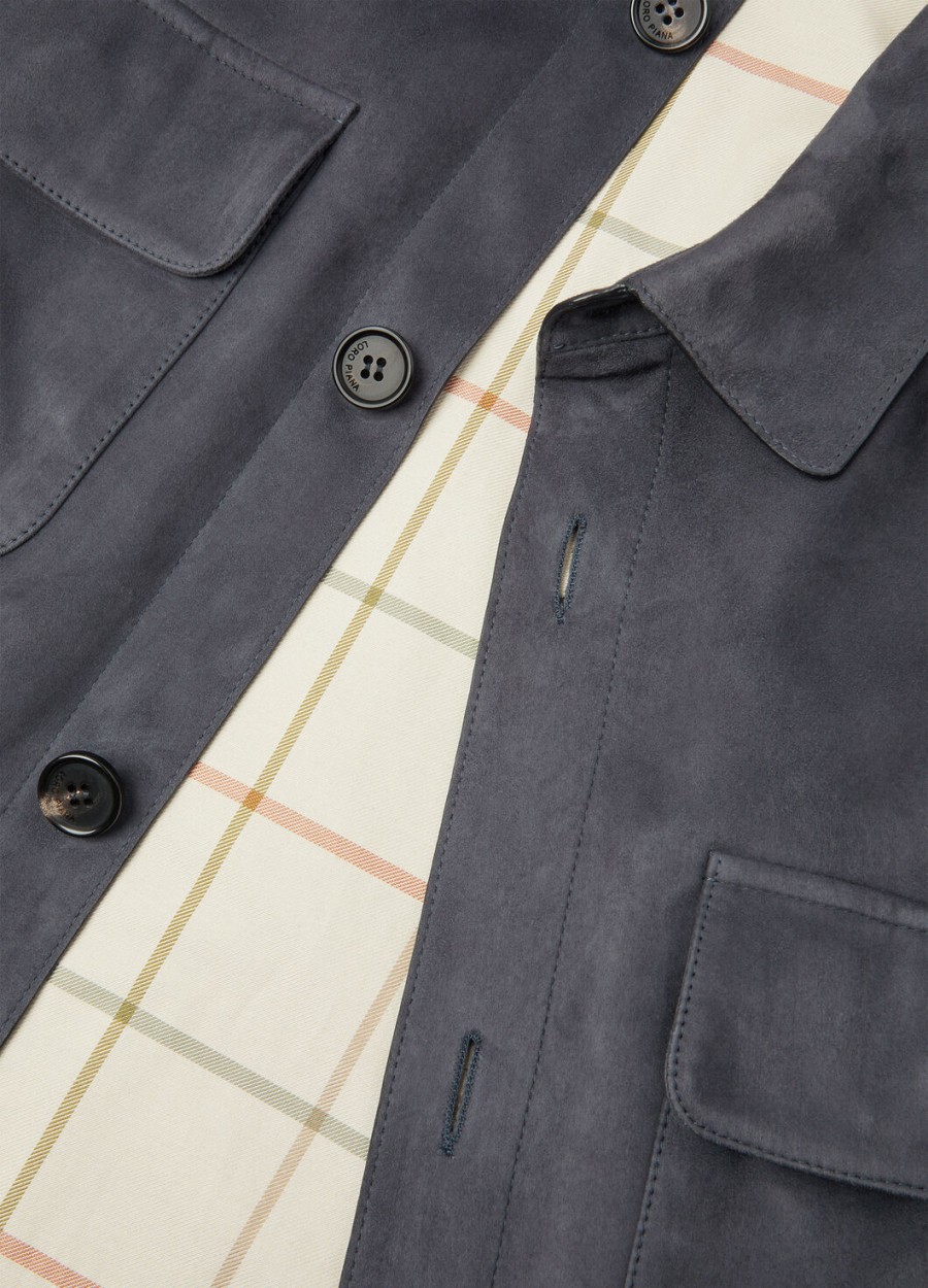 loro piana geitenleren overshirt marineblauw