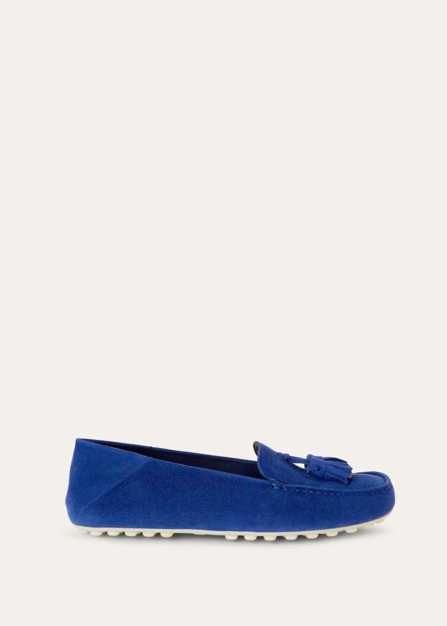 mocassins met stippenzool fluorietblauw geitenleer