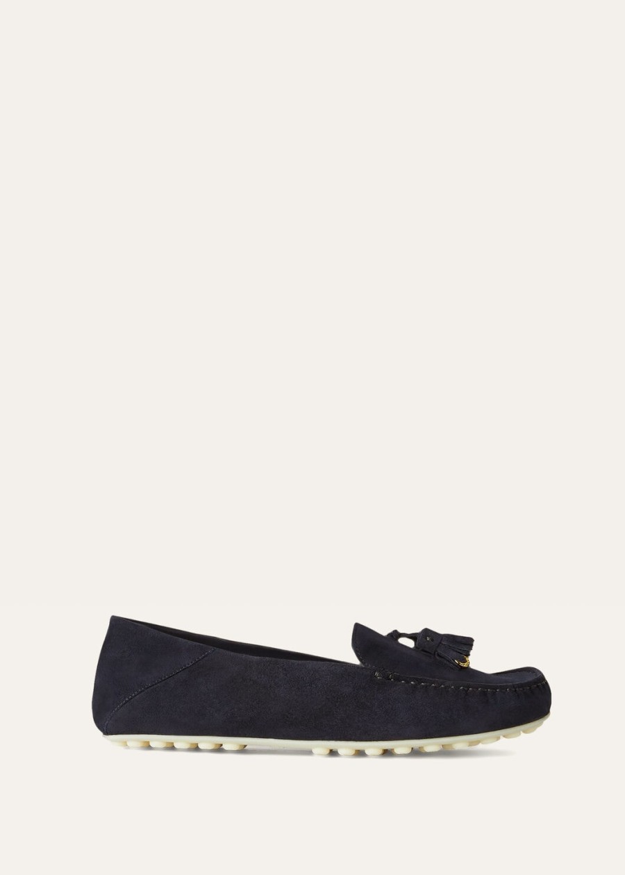 mocassins met stippenzool in geitenleer marineblauwzonnegoud.