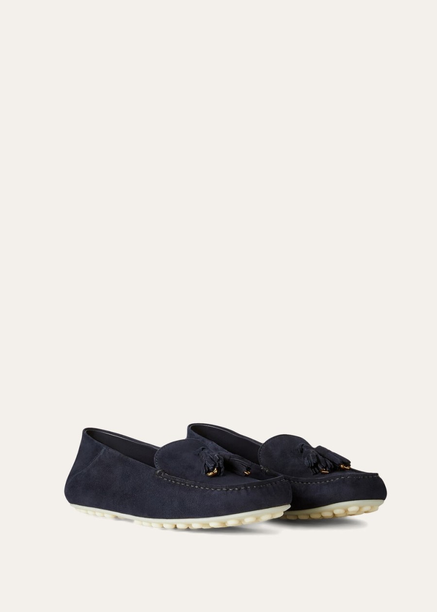mocassins met stippenzool in geitenleer marineblauwzonnegoud.