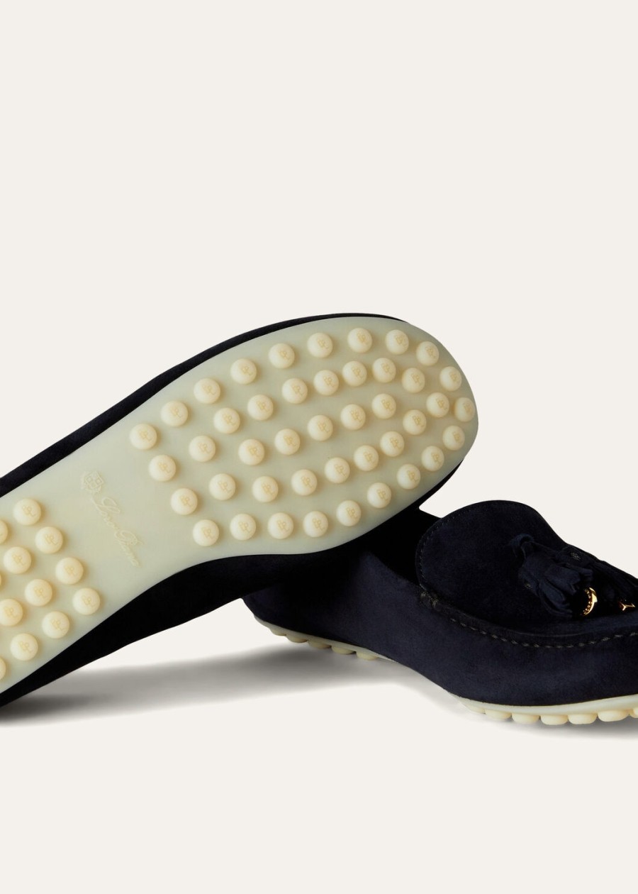 mocassins met stippenzool in geitenleer marineblauwzonnegoud.
