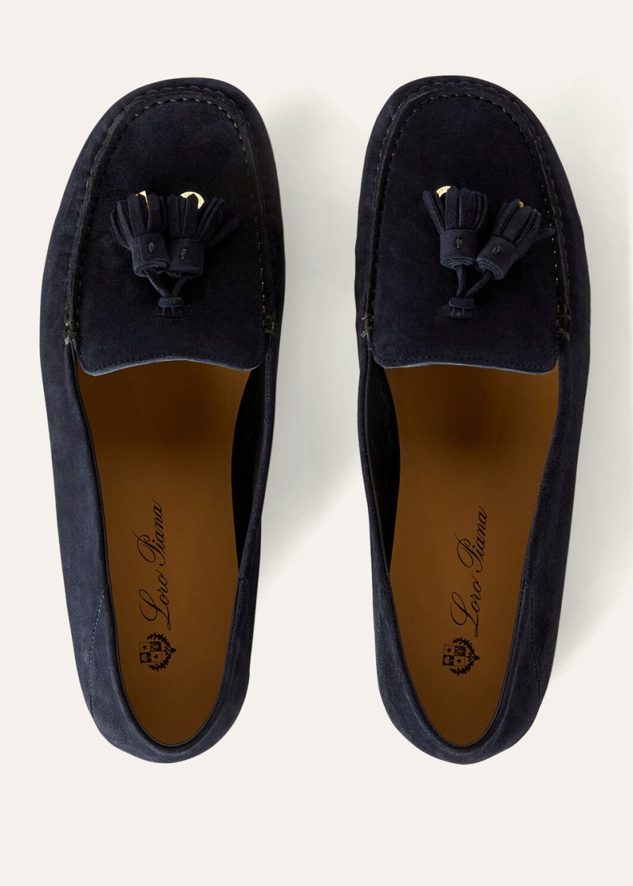 mocassins met stippenzool in geitenleer marineblauwzonnegoud.