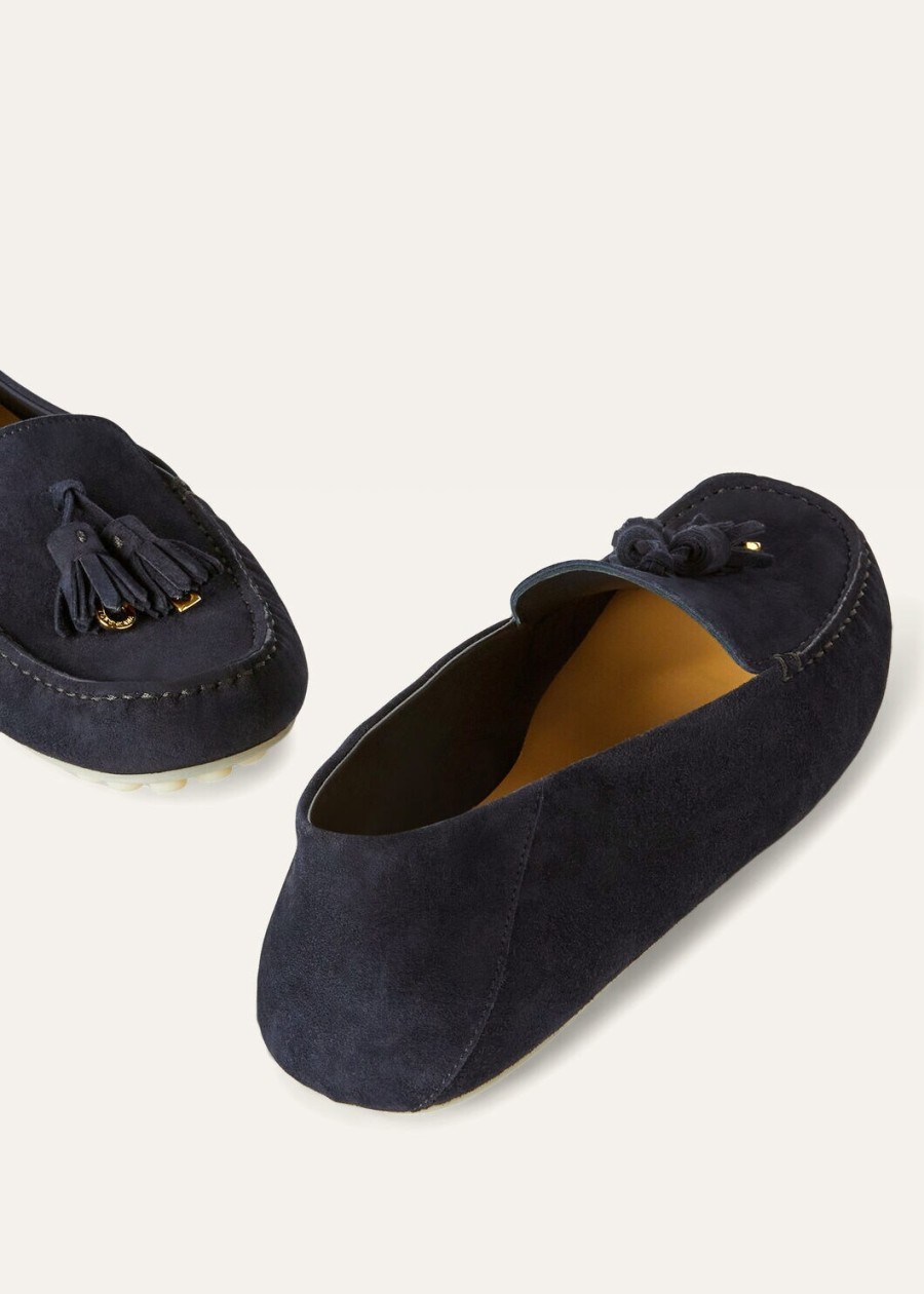 mocassins met stippenzool in geitenleer marineblauwzonnegoud.