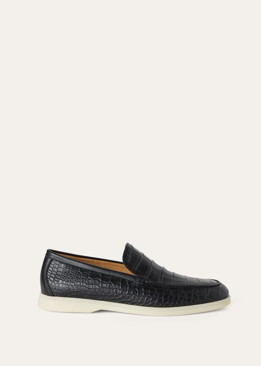 zomerse wandeling zwarte loafers van alligatorleer