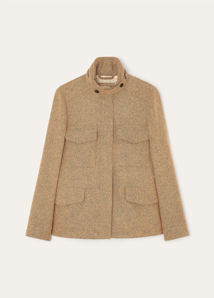 traveller mini field jacket zijde kasjmier camelbruin chevron
