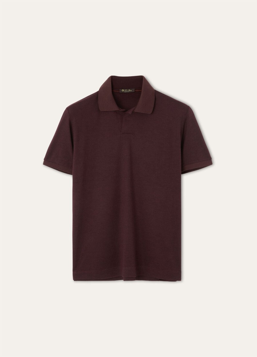 open poloshirt van zijde en kasjmier donker bordeauxrood.