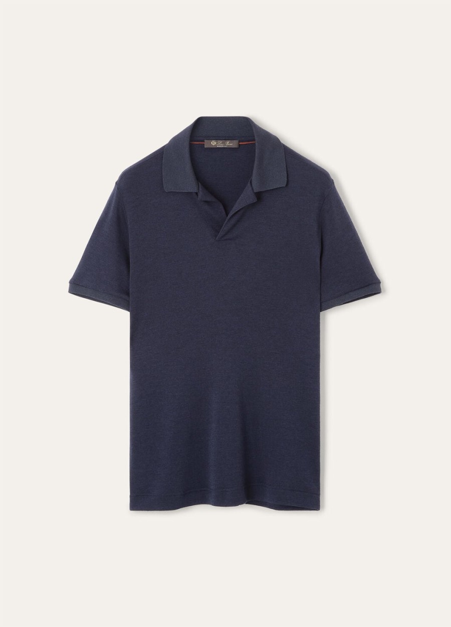 zijden kasjmier poloshirt met ombrépatroon in blauw.