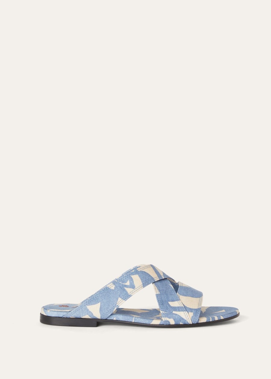 yuki flat mule linen beau bluecreamed honey