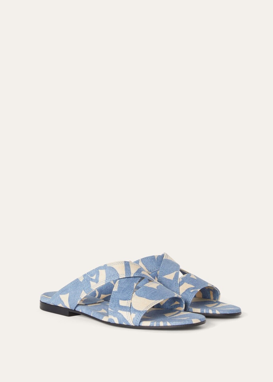yuki flat mule linen beau bluecreamed honey