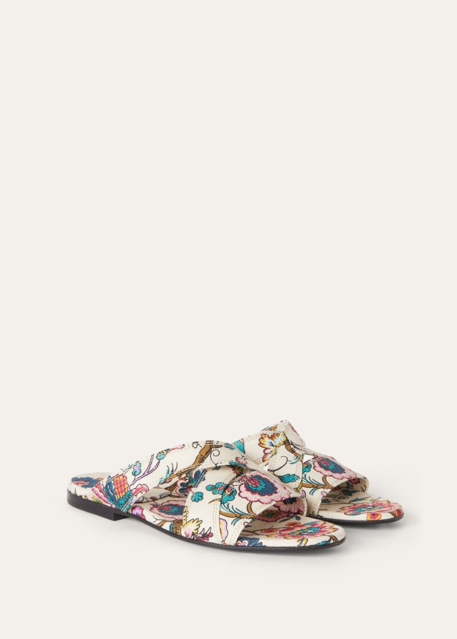 yuki flat mule linen sandelhoutimpressionistisch rozehoningcrème