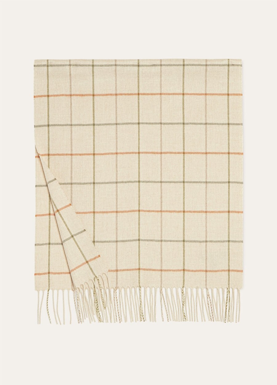kasjmier sjaal met ceintuur in de kleuren rijstwitlicht taupegroenoranje.