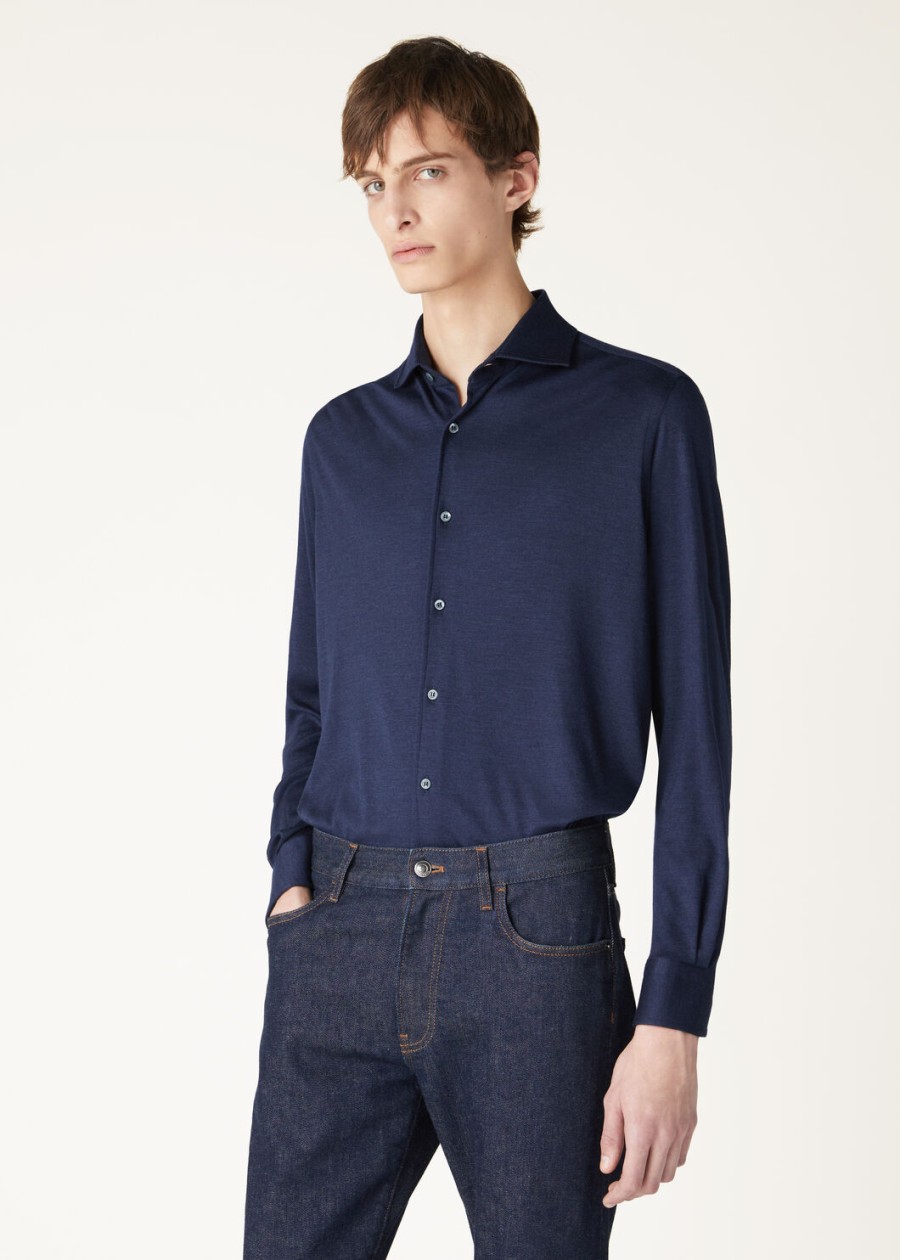 andrew zijden kasjmier overhemd met ombrepatroon in blauw