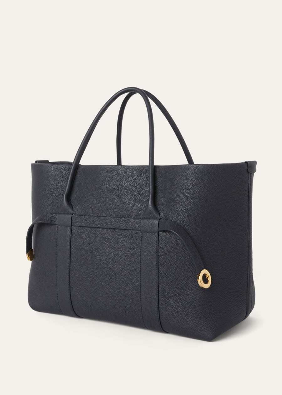 grote shopper ring van kalfsleer in de kleuren blauw marineblauwzonnegoud.